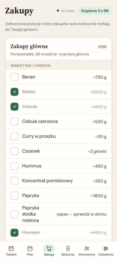 Ekran Zakupy w MichaDo: lista zakupów na żywo, odhaczone batat, cebula i pomidor, 3 z 68 kupione