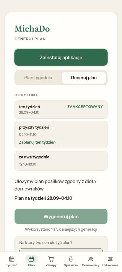 Ekran Start w MichaDo: horyzont planowania na trzy tygodnie i przycisk Wygeneruj plan